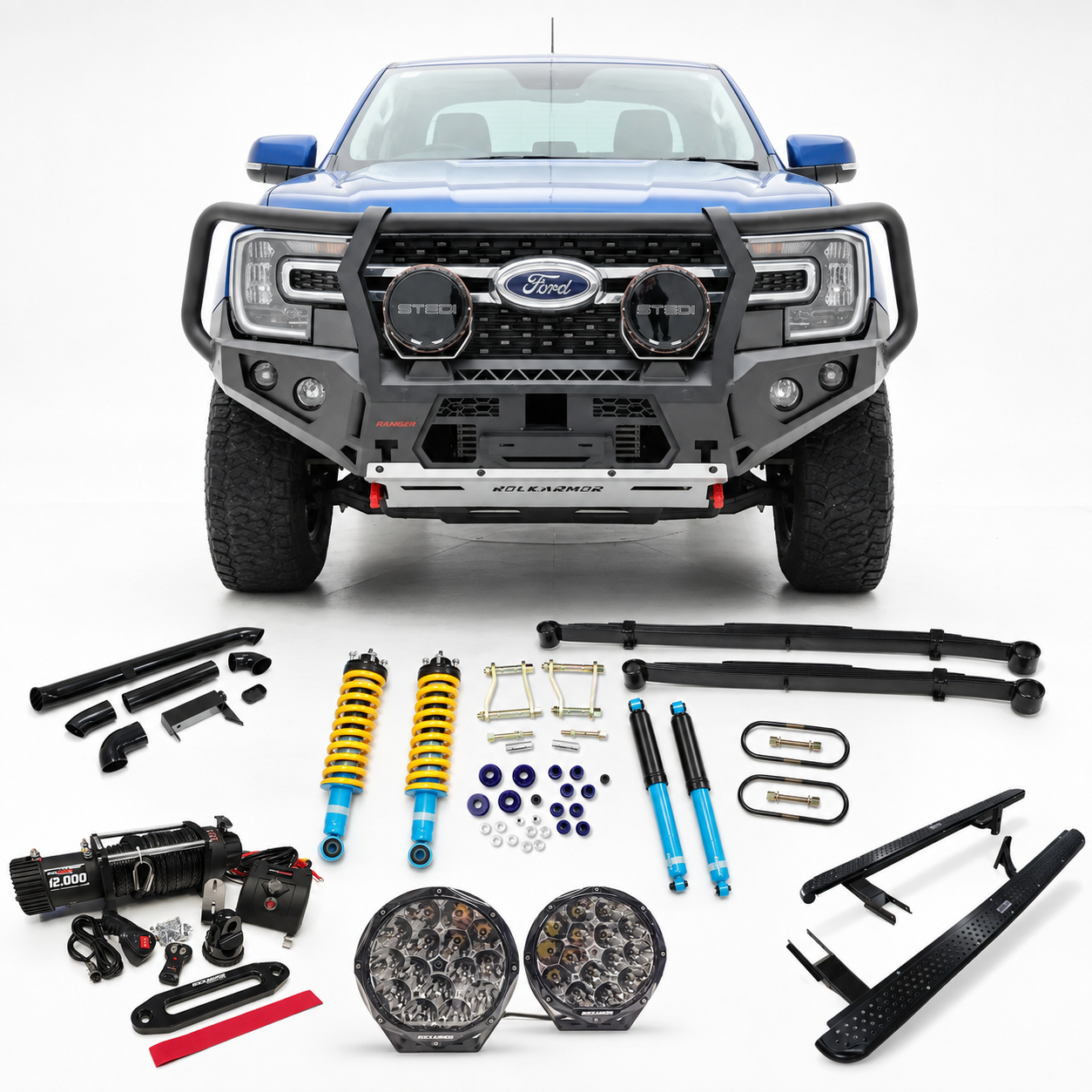 Next-Gen Ranger complete package with Rockarmor hooped bull bar, 4-inch black stainless snorkel, M8 winch, R85 spotlights, Formula lift kit and Jungle side steps