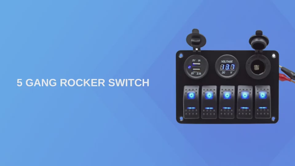 12V 24V DC Aluminum 5 Gang Rocker Switch Panel with Dual USB Cigarette ...