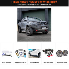 Ramped Up 4x4 Toyota Hilux Rogue 2022–2025 & GR Sport 2023–2025 Wide-Body Complete Package – Rockarmor GT Bar, Winch, Lights, Steps, Snorkel & Formula Lift